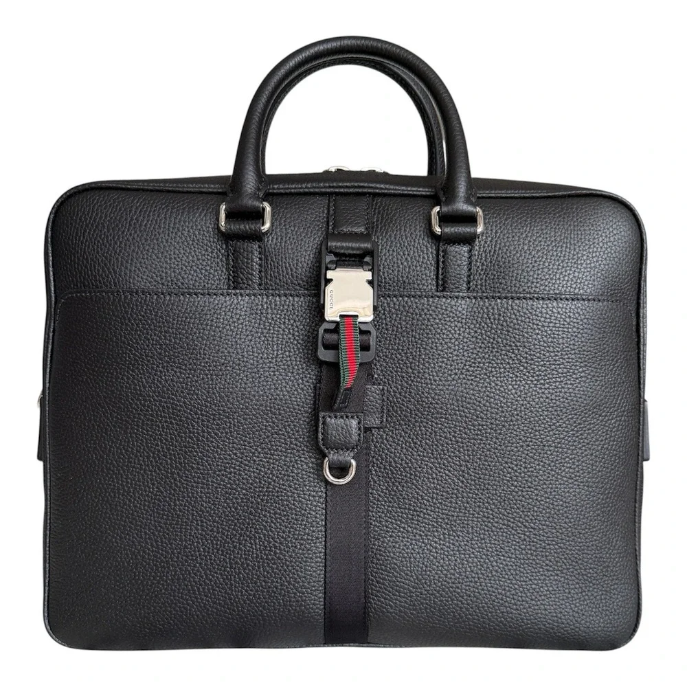 Gucci Men's 816767 Black Webbing-Trimmed Full-Grain Leather Briefcase, NWT
